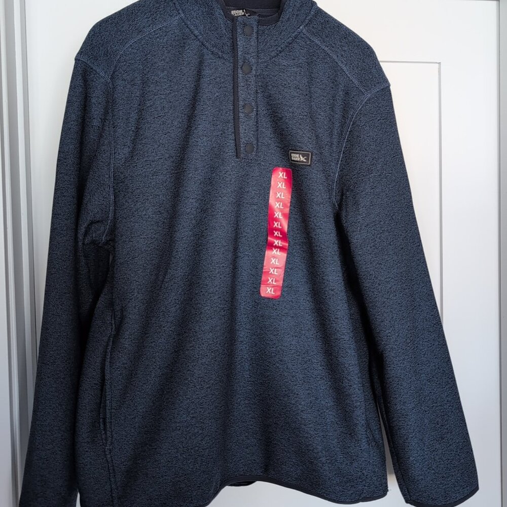Eddie Bauer Fleece Knit Sweater Mens XL Blue Long Sleeve Quarter Snap EB008606
